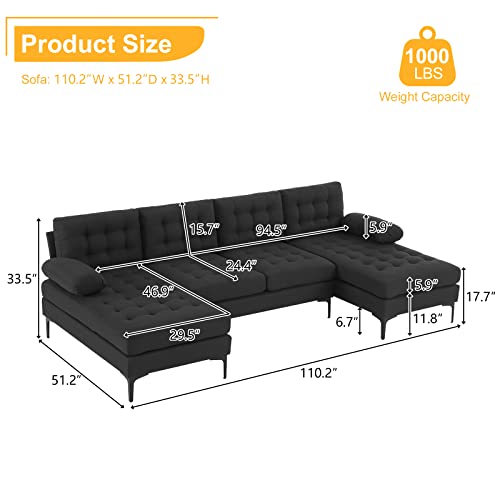 U-Shaped Black Linen Sectional Sofa with Chaises