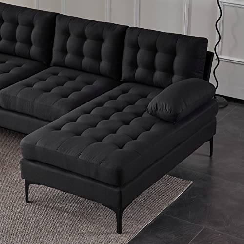 U-Shaped Black Linen Sectional Sofa with Chaises