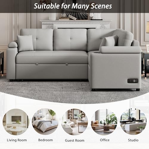 P PURLOVE Modern Grey Sectional Sleeper Sofa with USB