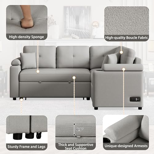 P PURLOVE Modern Grey Sectional Sleeper Sofa with USB