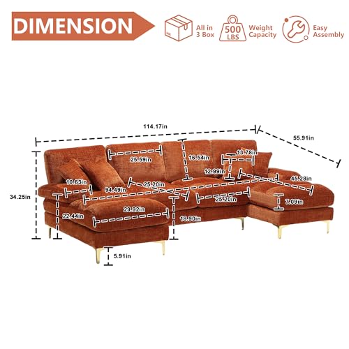 Orange Modular U-Shaped Sofa with Double Chaise