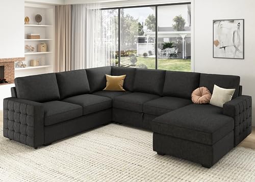 HONBAY U-Shaped Sleeper Sofa with Storage, Dark Grey