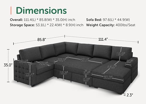 HONBAY U-Shaped Sleeper Sofa with Storage, Dark Grey
