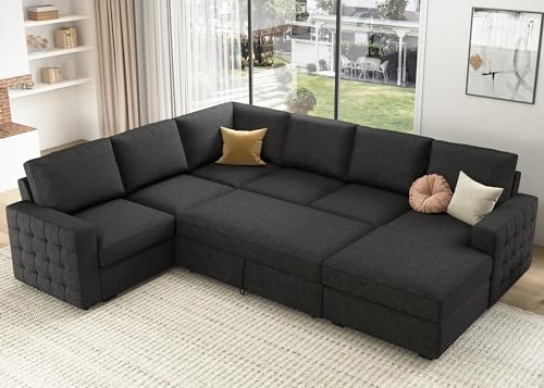 HONBAY U-Shaped Sleeper Sofa with Storage, Dark Grey