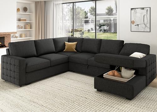 HONBAY U-Shaped Sleeper Sofa with Storage, Dark Grey