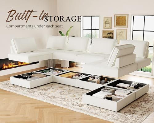 Beige Modular U-Shaped Sectional Sofa, 6 Seater
