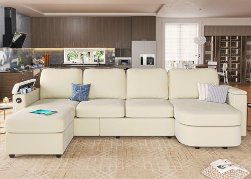 Beige U-Shaped Sectional Sofa with Storage