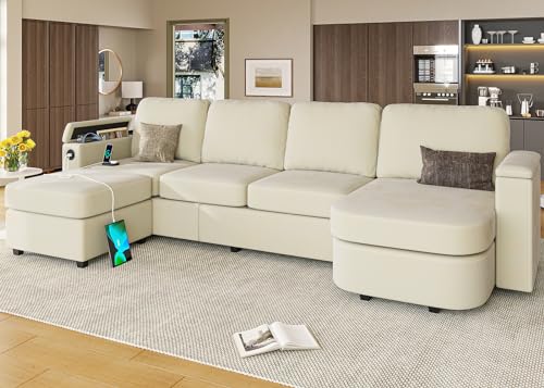 Beige U-Shaped Sectional Sofa with Storage