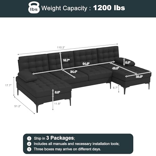 Modern U-Shaped Linen Sectional Sofa in Black