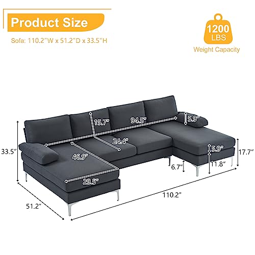 VINGLI 110" Grey U-Shaped Sectional Sofa