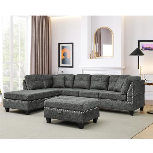 Gray Sectional Sofa with Storage Ottoman & Pillows