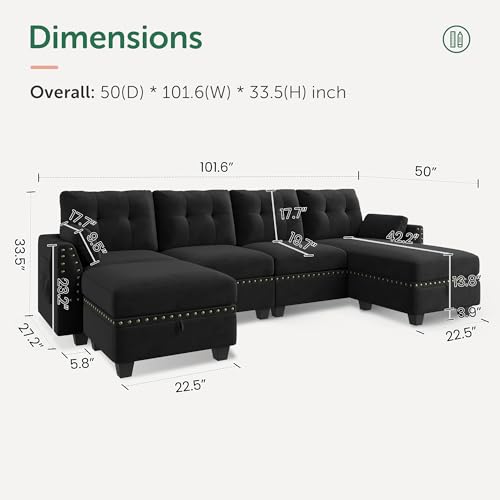 Velvet U-Shaped Sectional Sofa with Storage Ottoman