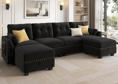 Velvet U-Shaped Sectional Sofa with Storage Ottoman