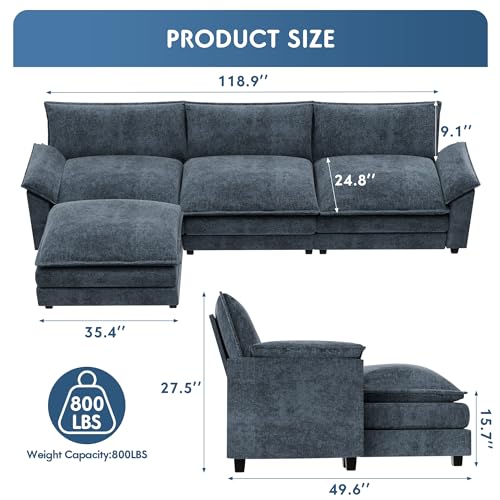 Blue L-Shaped Sectional Sofa with Removable Ottoman