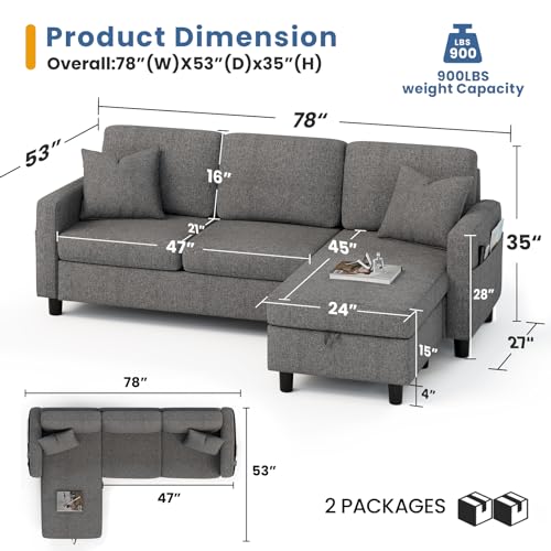 KKL Grey L-Shaped Sectional Sofa with Ottoman