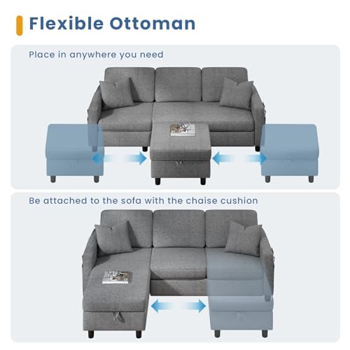 KKL Grey L-Shaped Sectional Sofa with Ottoman