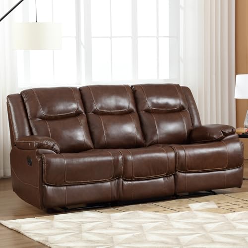 Brown Manual Reclining Leather Sofa for Living Room