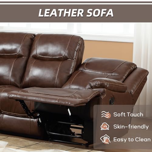 Brown Manual Reclining Leather Sofa for Living Room