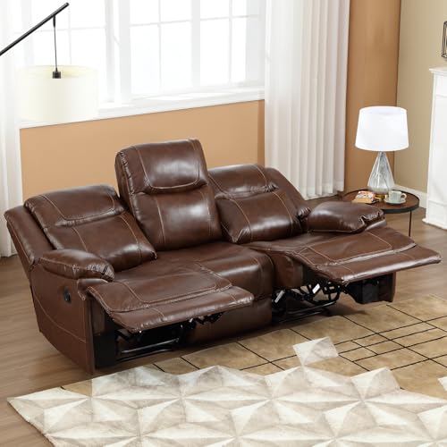 Brown Manual Reclining Leather Sofa for Living Room
