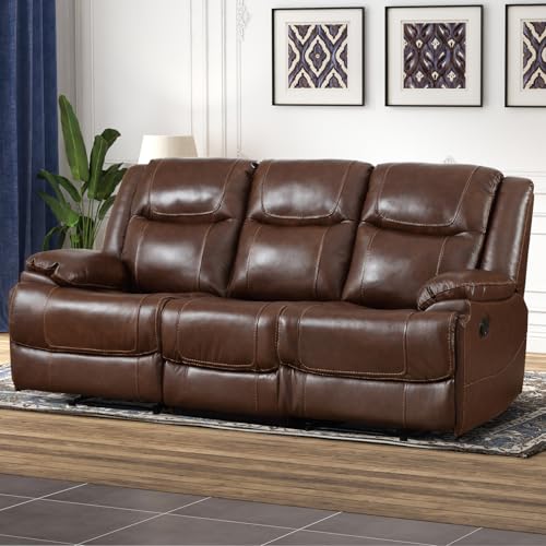 Brown Manual Reclining Leather Sofa for Living Room