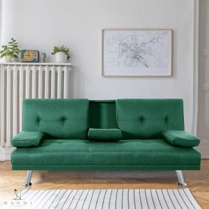 Naomi Home Green Futon Sofa Bed with Cupholders