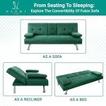 Naomi Home Green Futon Sofa Bed with Cupholders