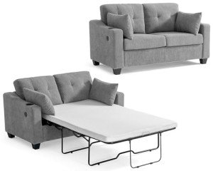 Grey Corduroy Convertible Sleeper Sofa with USB