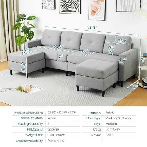 Light Grey U-Shaped Sectional Sofa with Ottoman