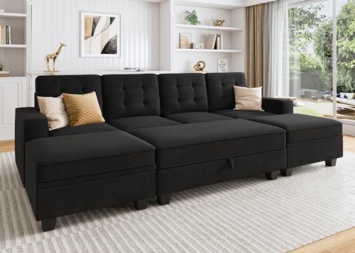 HONBAY Velvet U-Shaped Sleeper Sectional Sofa