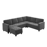 Grey Velvet L-Shaped Sectional Sofa with Ottoman