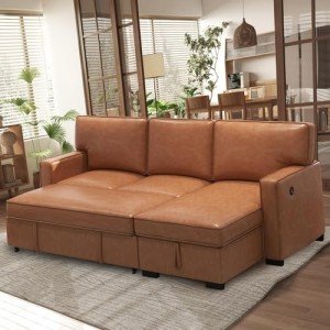 Brown L-Shaped Convertible Sleeper Sofa with Storage