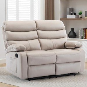 Beige Reclining Loveseat Sofa with Side Pockets