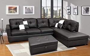 L-Shaped Faux Leather Sectional Sofa Set (Black)