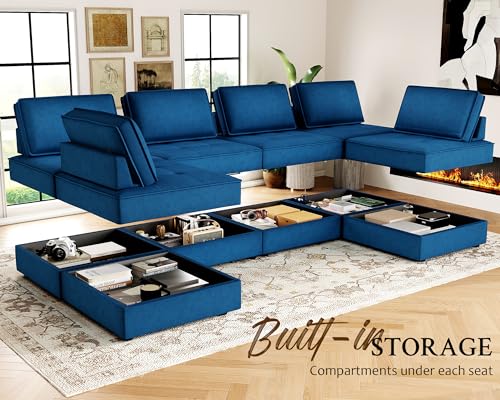 Modular 6-Seater U-Shaped Sofa in Blue Velvet