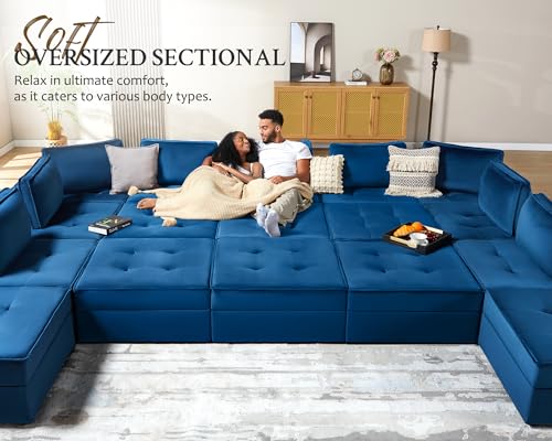 Modular 6-Seater U-Shaped Sofa in Blue Velvet