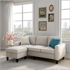 Beige Convertible L-Shaped Sectional Sofa Couch