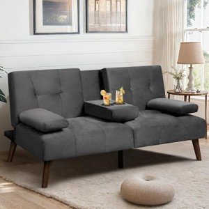 Gray Velvet Sofa Bed with Removable Armrests