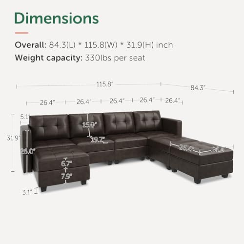 HONBAY U-Shaped Modular Couch with Storage, Brown