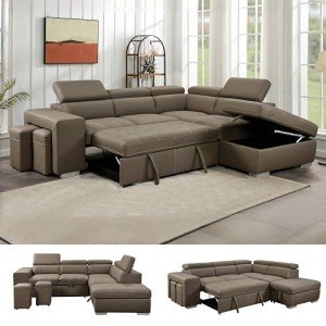 Light Brown L-Shaped Sectional Sofa with Pull-Out Bed