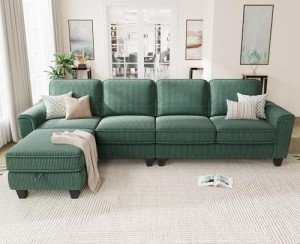 Green Corduroy Convertible L-Shaped Sectional Sofa