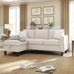 Beige Linen Convertible Sectional Sofa with Ottoman