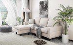 Beige Linen Convertible Sectional Sofa with Ottoman
