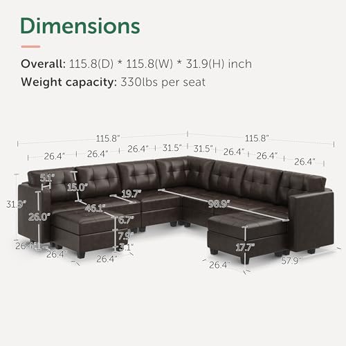 HONBAY Brown U-Shaped Modular Sectional Sofa