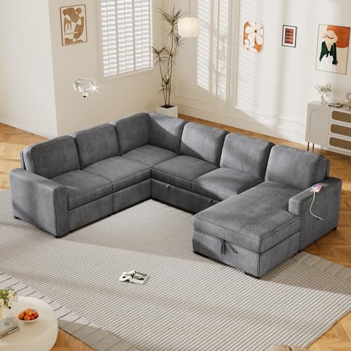 Grey U-Shaped Sleeper Sectional Sofa with Ottoman