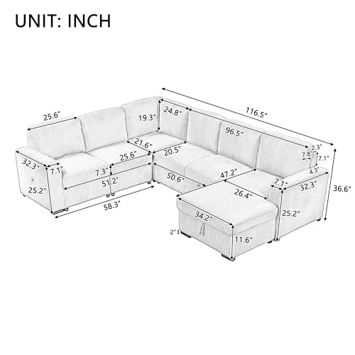 Grey U-Shaped Sleeper Sectional Sofa with Ottoman