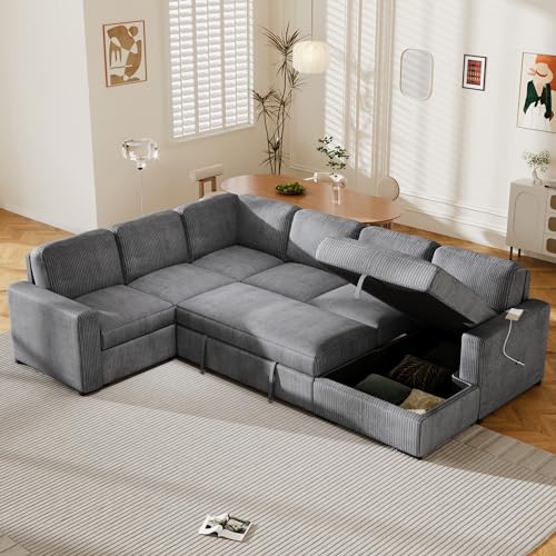 Grey U-Shaped Sleeper Sectional Sofa with Ottoman