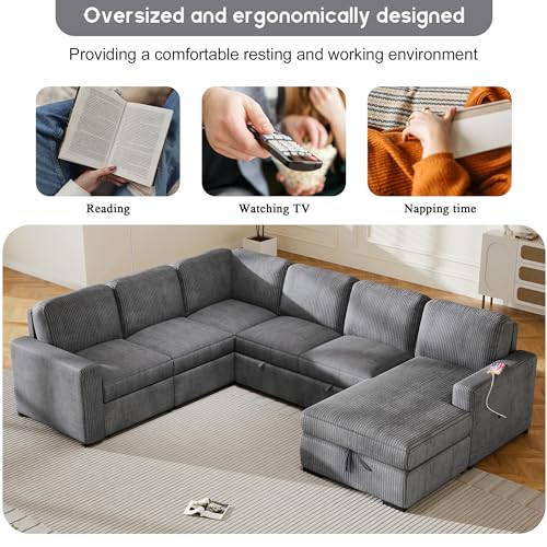 Grey U-Shaped Sleeper Sectional Sofa with Ottoman