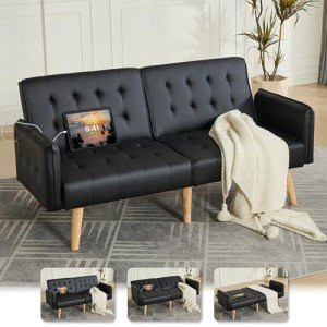 Black Faux Leather Convertible Futon Sofa Bed