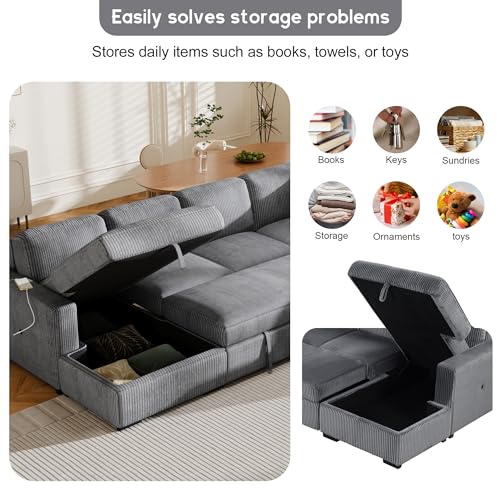 Grey U-Shaped Sleeper Sectional Sofa with Ottoman