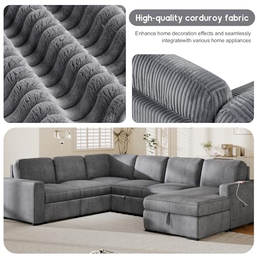 Grey U-Shaped Sleeper Sectional Sofa with Ottoman